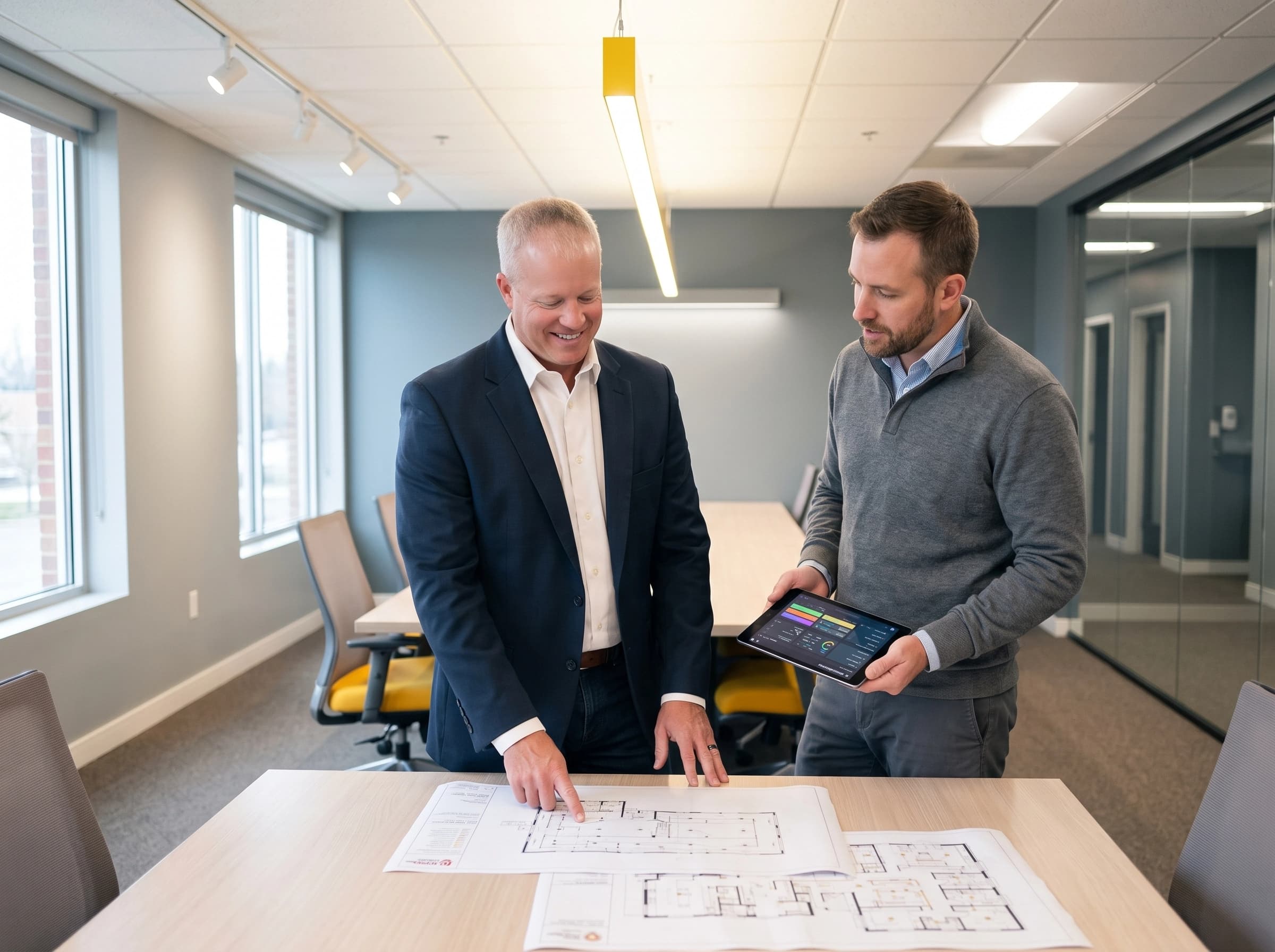 Vertical Lighting + Controls team reviewing lighting plans and a controls dashboard in the office