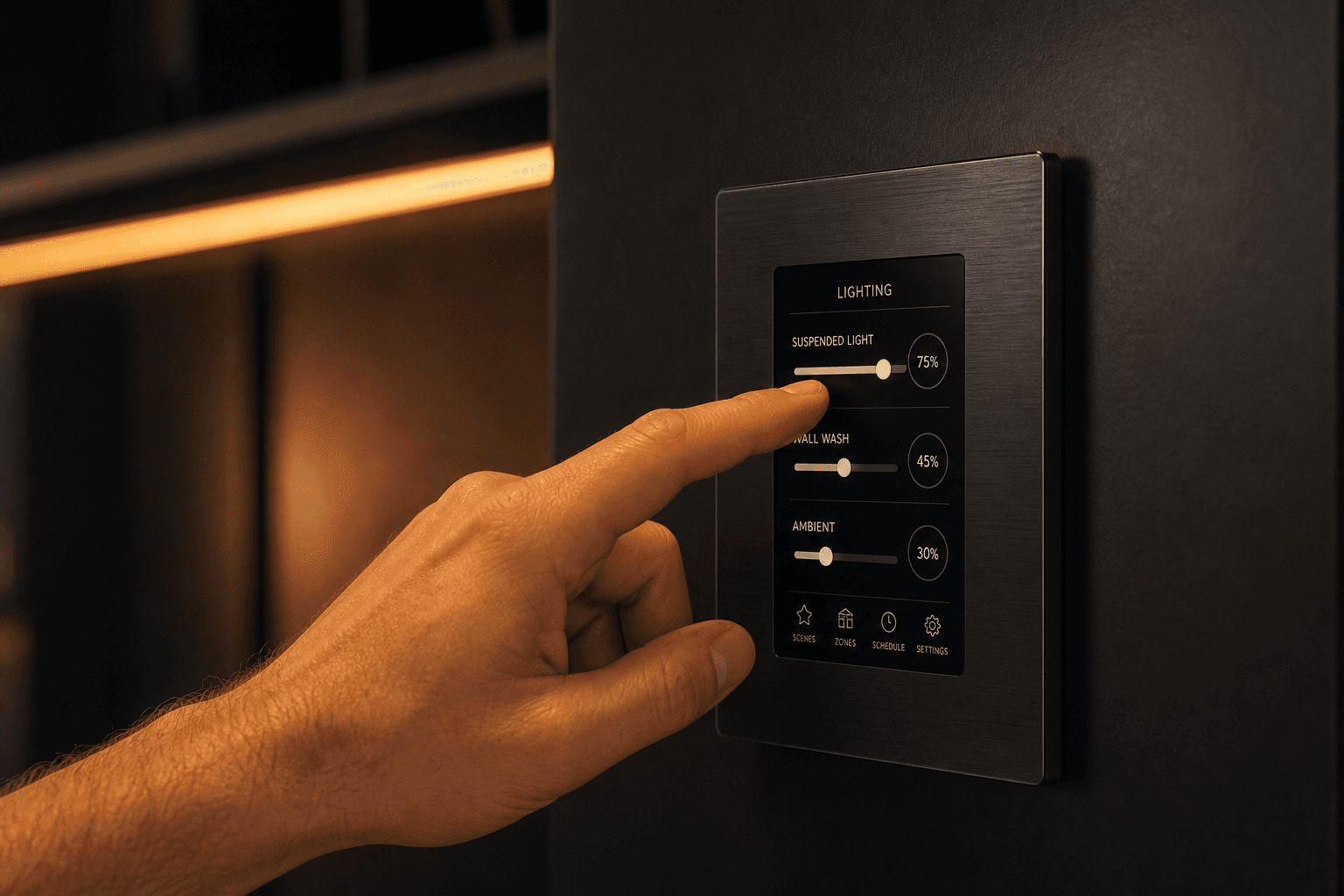 Close-up of a networked lighting controls panel being programmed
