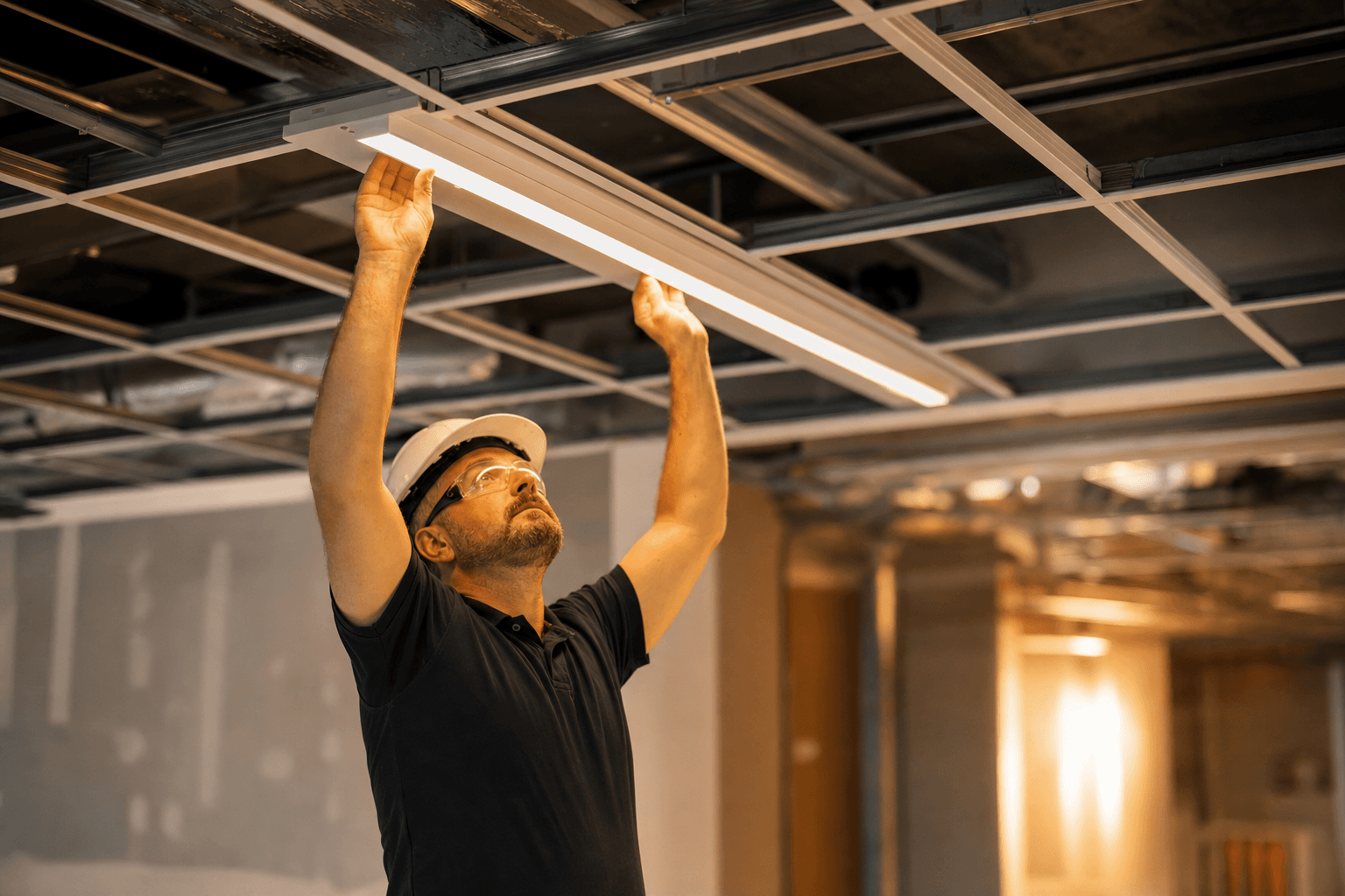 A lighting installer fitting an LED fixture on a commercial job site