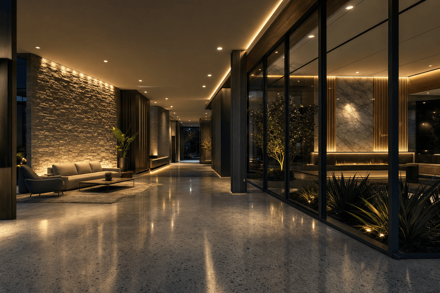 A modern commercial interior with layered lighting design