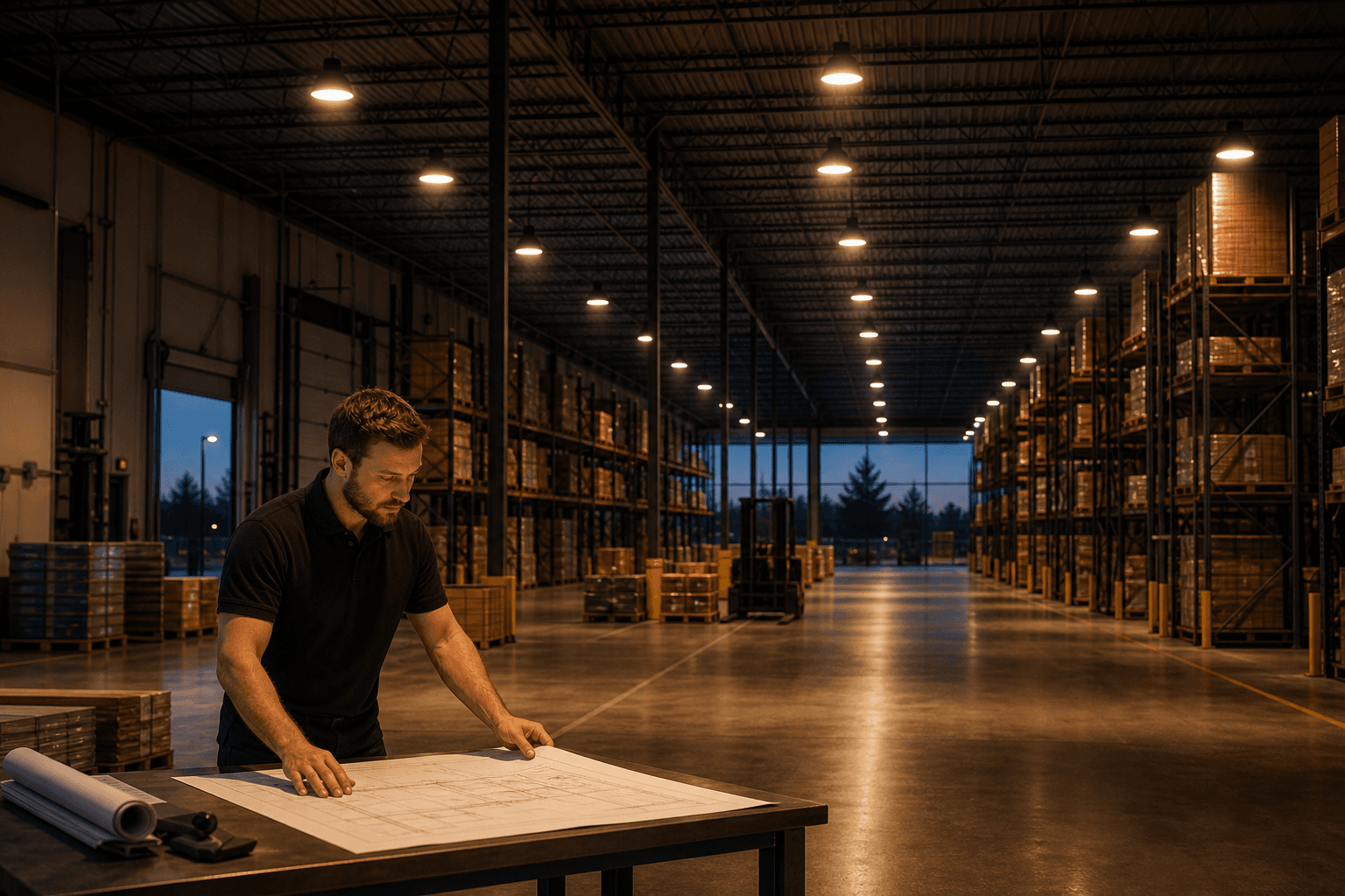 Technician reviewing plans under new LED high-bay lighting in a warehouse