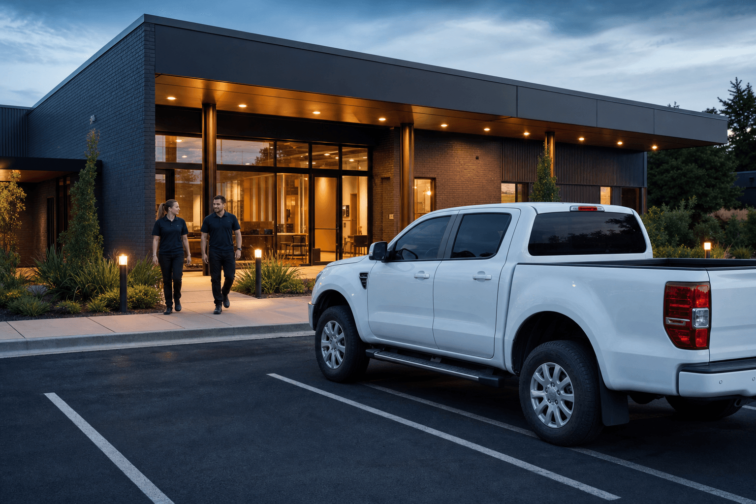 Exterior of a commercial building lit to a designed photometric layout