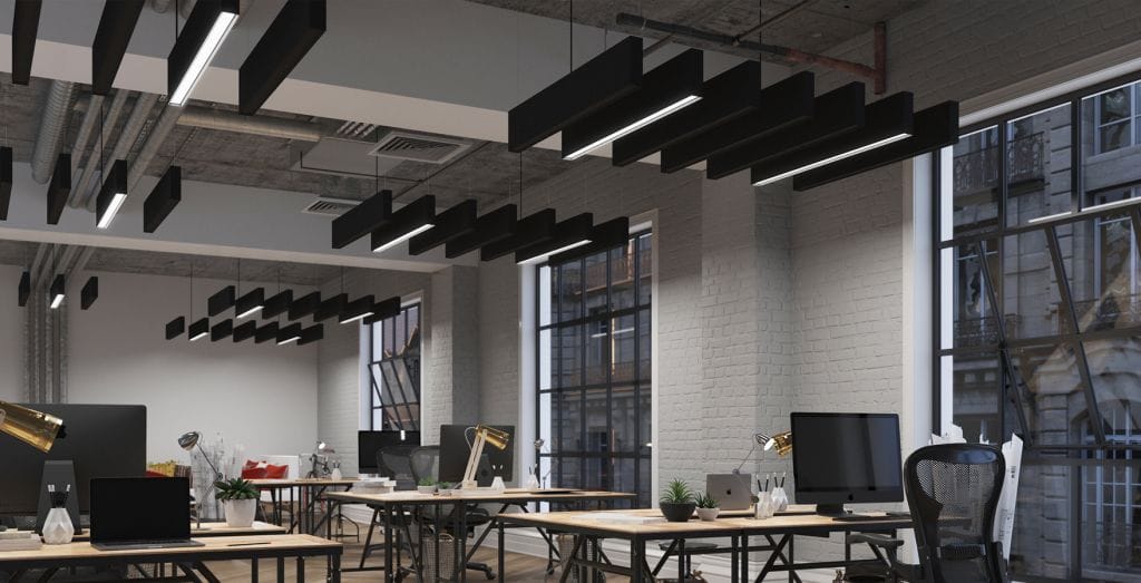 Showcase of the Acoustic EOS 1.0a fixtures in an office space. 